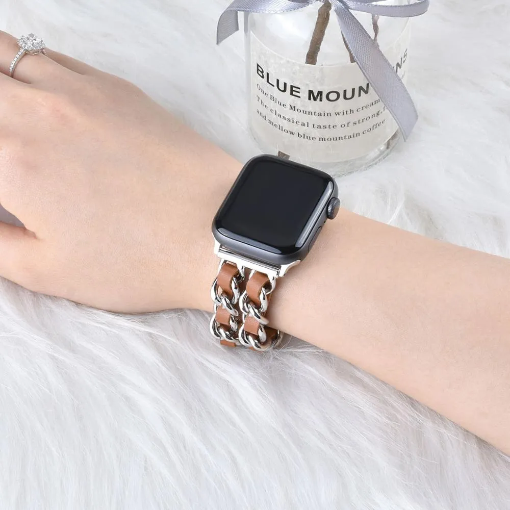 Leather and stainless steel Cuban link strap for Apple Watch in gold black finish