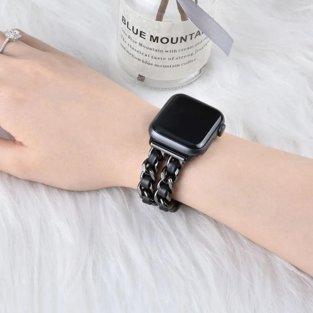 Leather and stainless steel Cuban link strap for Apple Watch in gold black finish