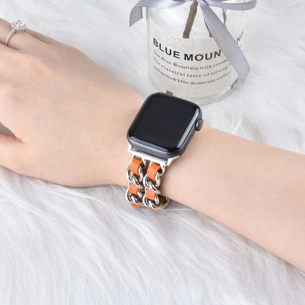 Leather and stainless steel Cuban link strap for Apple Watch in gold black finish