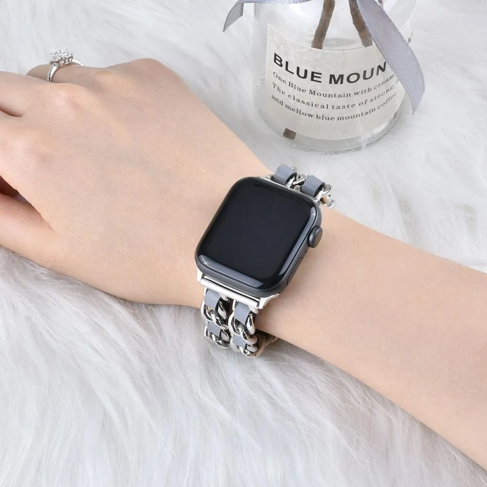 Leather and stainless steel Cuban link strap for Apple Watch in gold black finish