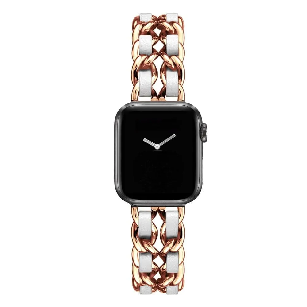 Leather and stainless steel Cuban link strap for Apple Watch in gold black finish