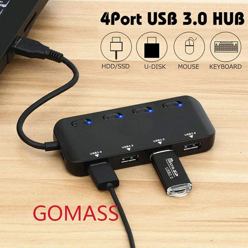 USB 3.0 4 port hub, model Gms-1103u3, with external power supply and Type C and USB ports
