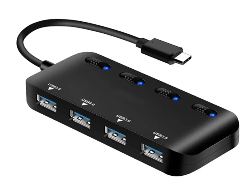 USB 3.0 4 port hub, model Gms-1103u3, with external power supply and Type C and USB ports