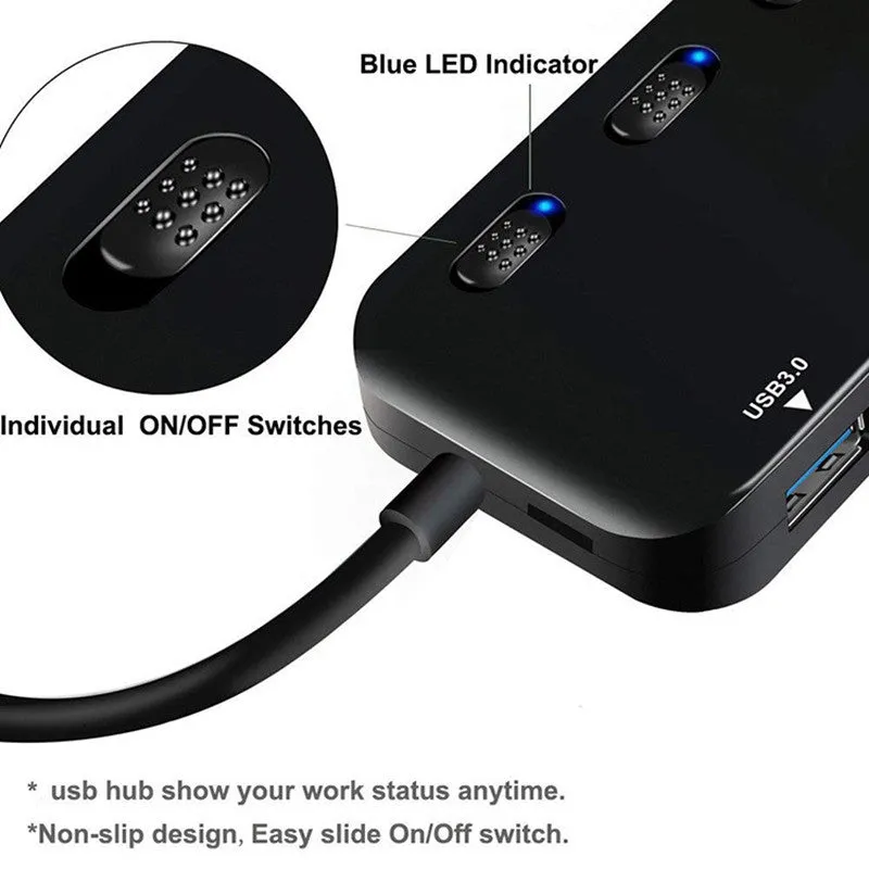 USB 3.0 4 port hub, model Gms-1103u3, with external power supply and Type C and USB ports