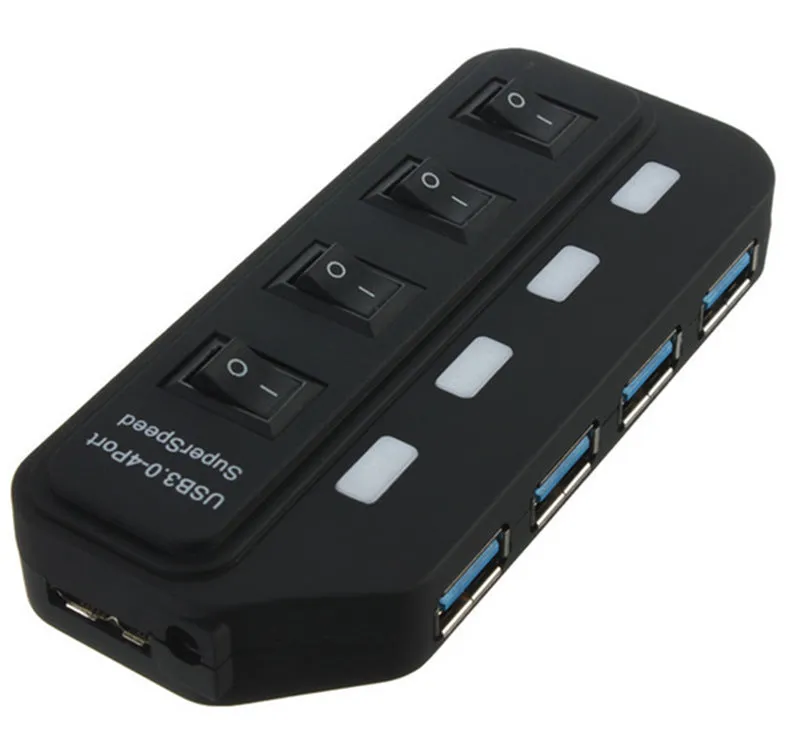 USB 4 interface hub with seven USB 3.0 ports and built-in overload protection, compact black design