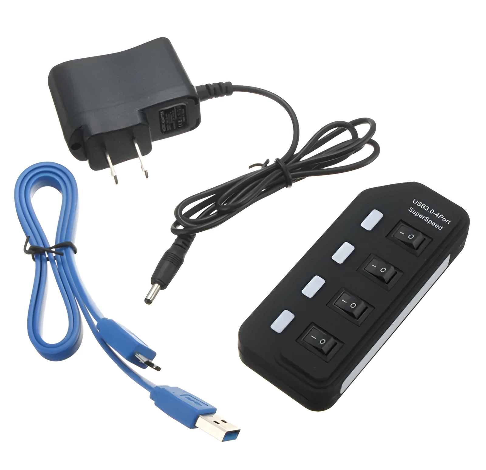 USB 4 interface hub with seven USB 3.0 ports and built-in overload protection, compact black design