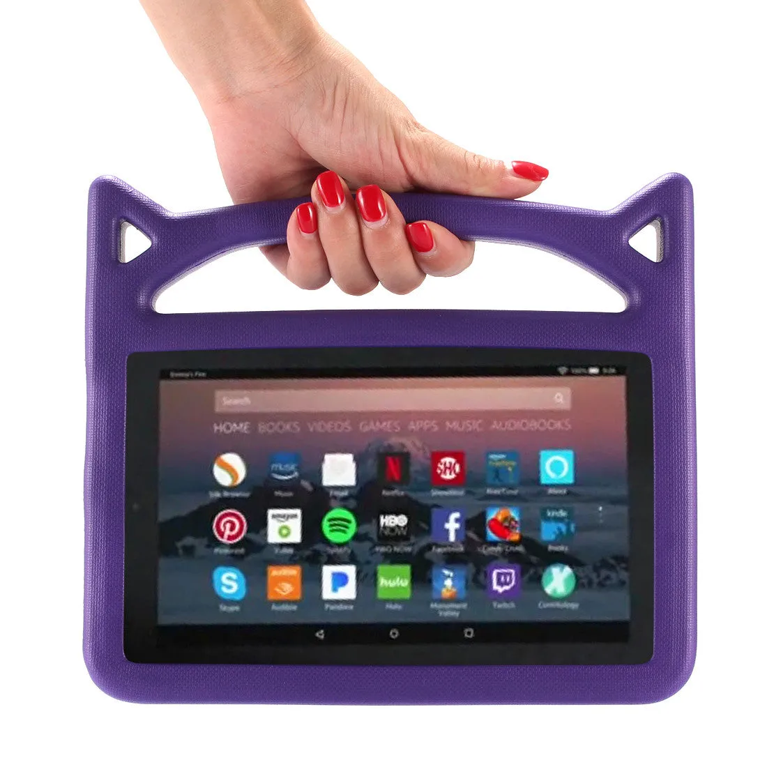 Little Devil EVA anti-drop flat case for Kindle Fire 7 2015/2017, in black colour, showing hand-held design with stand