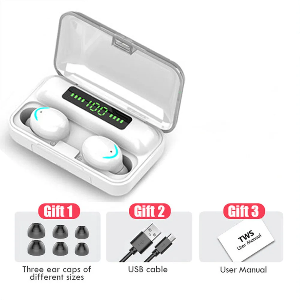 Wireless Bluetooth headset earplug type with high battery display and six colour options including black