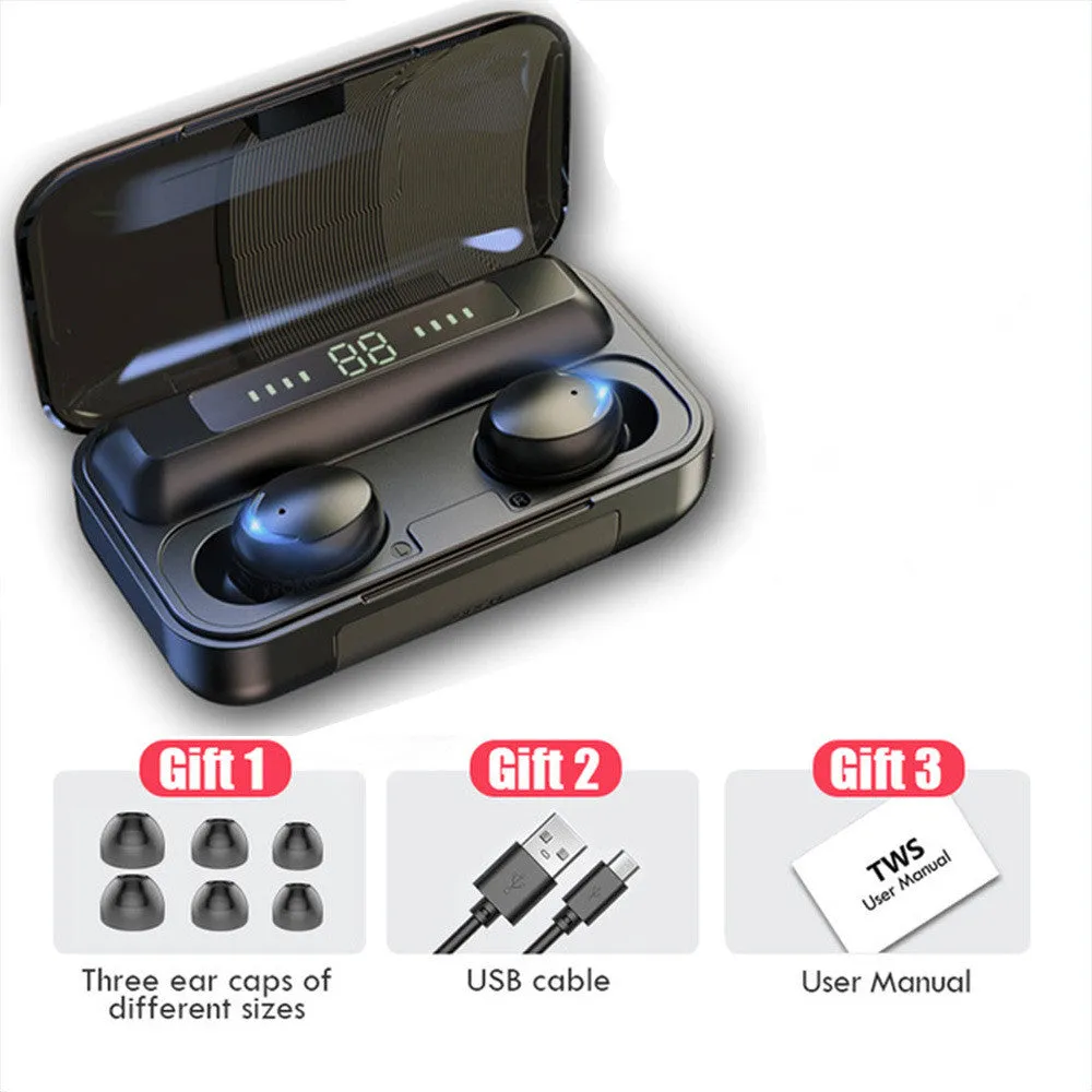 Wireless Bluetooth headset earplug type with high battery display and six colour options including black