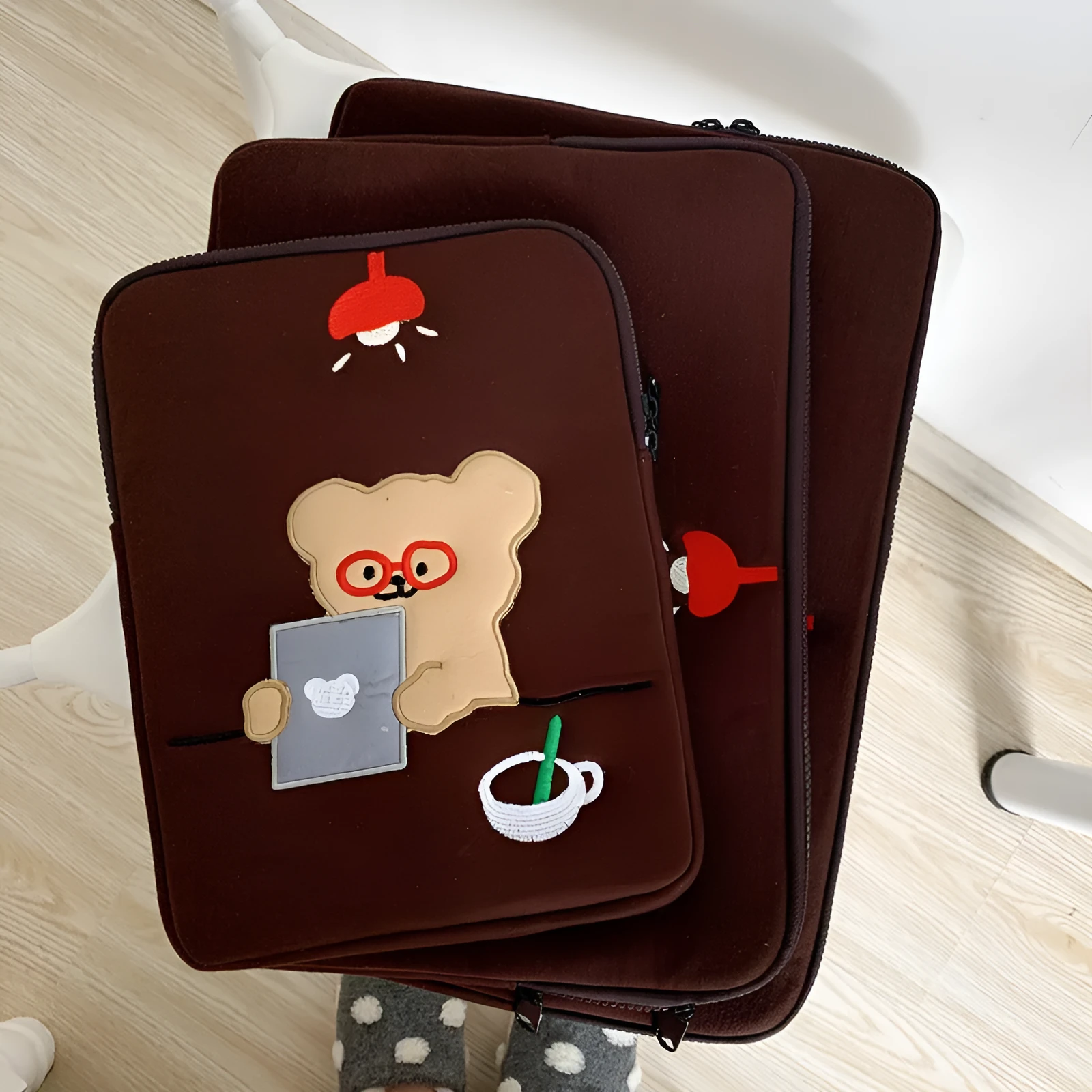 Coffee colour cotton laptop bag liner with bear design, zipper closure, available in 11 13 15 inch sizes