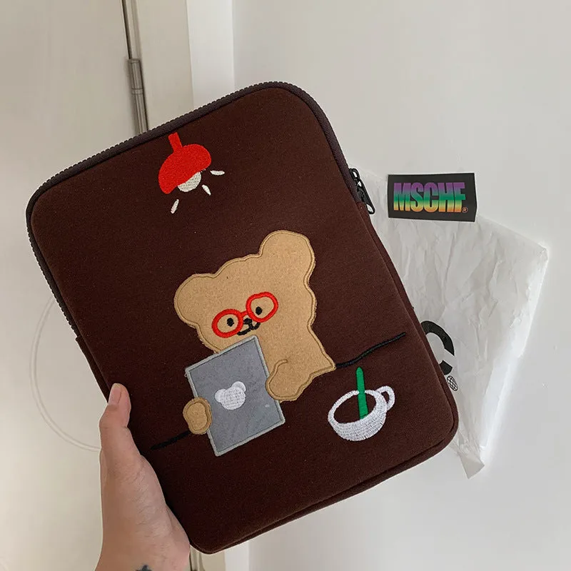 Coffee colour cotton laptop bag liner with bear design, zipper closure, available in 11 13 15 inch sizes