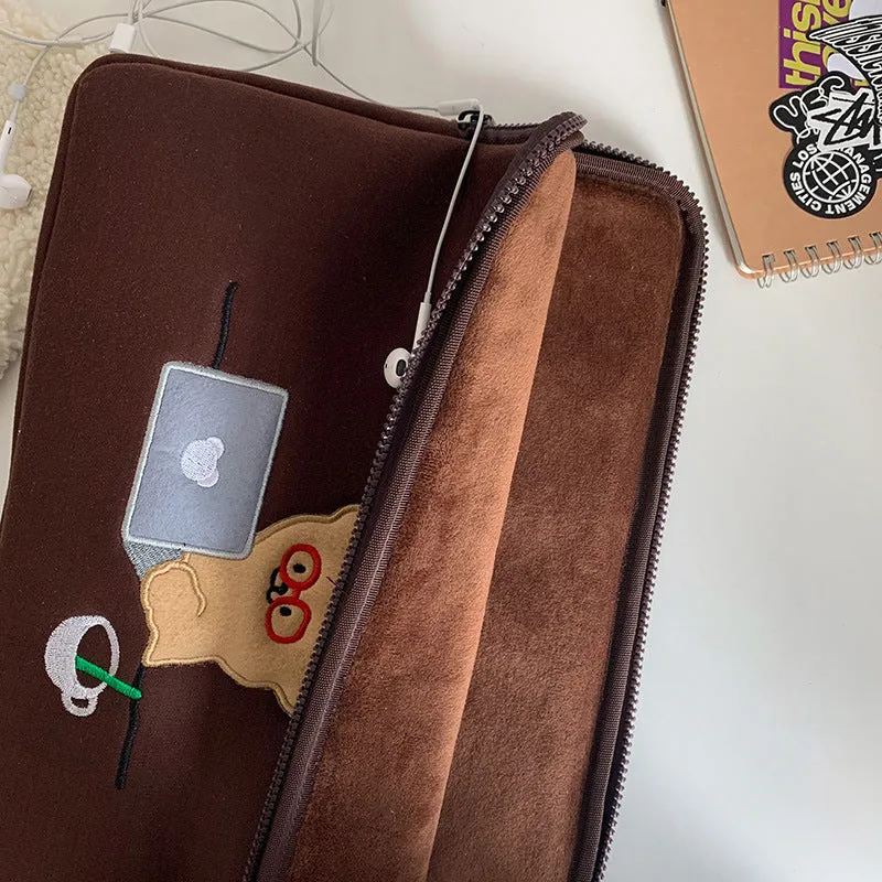 Coffee colour cotton laptop bag liner with bear design, zipper closure, available in 11 13 15 inch sizes