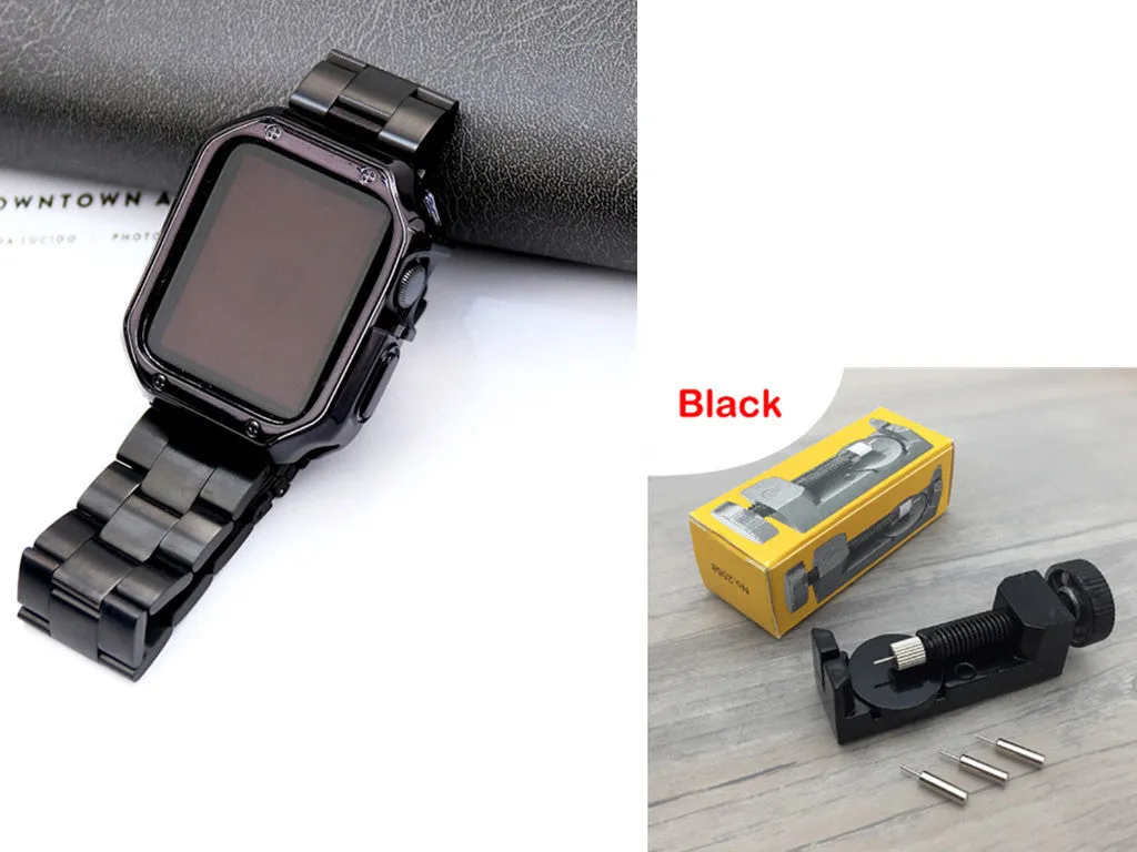 Stainless steel strap and TPU protective frame set for Apple Watch in silver, black, gold, rose gold colour options