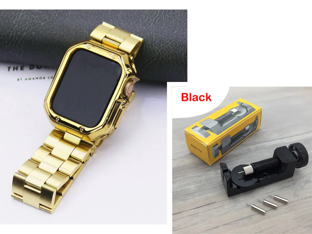 Stainless steel strap and TPU protective frame set for Apple Watch in silver, black, gold, rose gold colour options