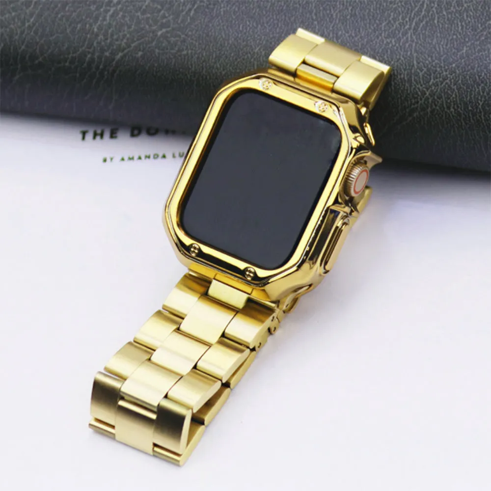 Stainless steel strap and TPU protective frame set for Apple Watch in silver, black, gold, rose gold colour options