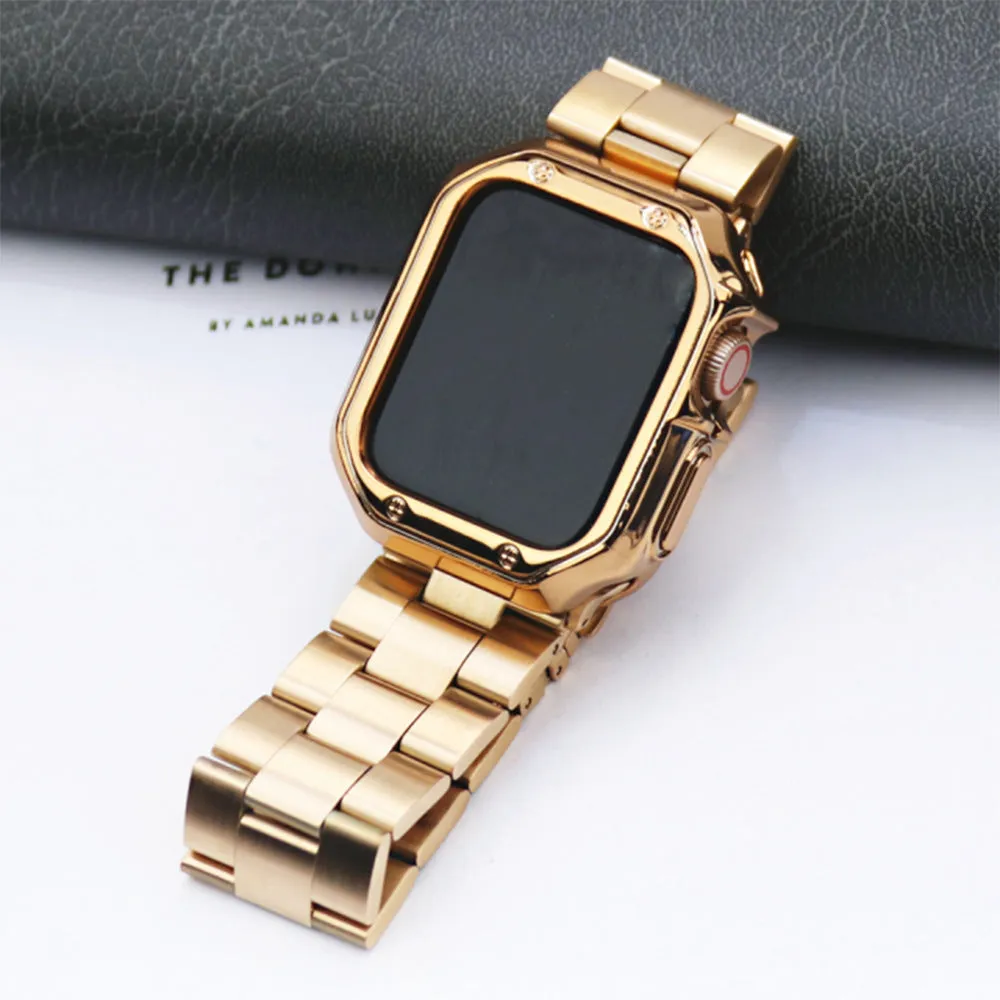 Stainless steel strap and TPU protective frame set for Apple Watch in silver, black, gold, rose gold colour options