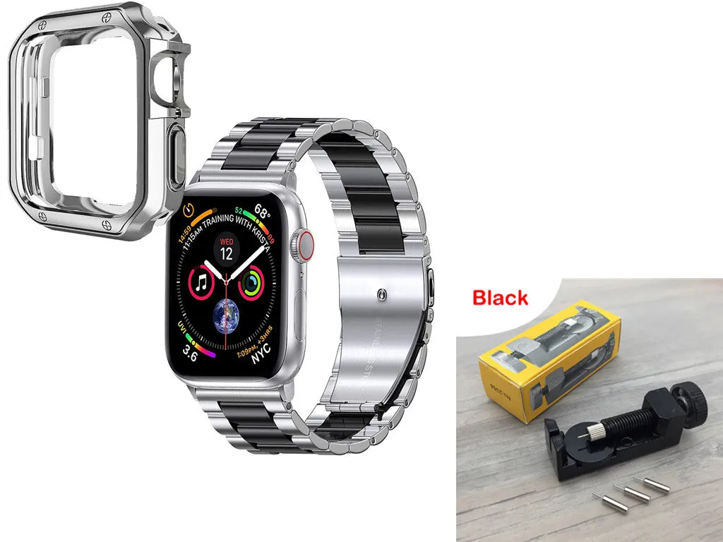 Stainless steel strap and TPU protective frame set for Apple Watch in silver, black, gold, rose gold colour options