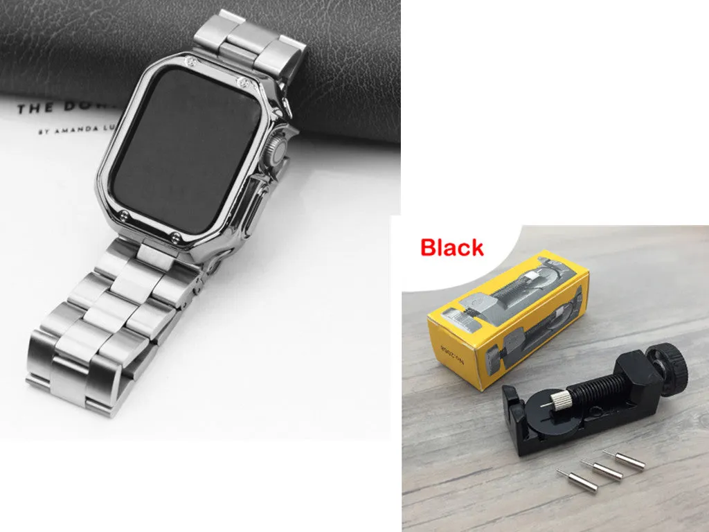 Stainless steel strap and TPU protective frame set for Apple Watch in silver, black, gold, rose gold colour options