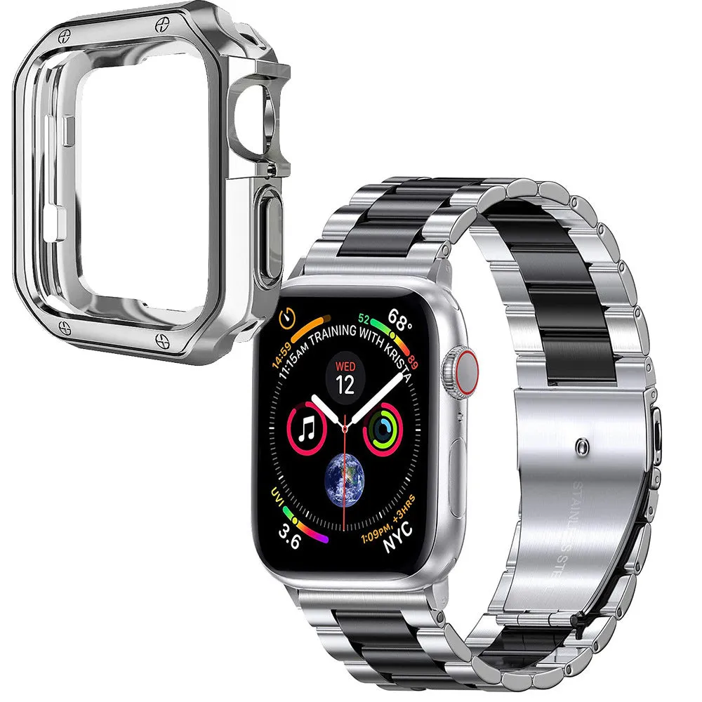 Stainless steel strap and TPU protective frame set for Apple Watch in silver, black, gold, rose gold colour options
