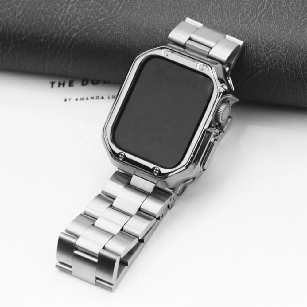 Stainless steel strap and TPU protective frame set for Apple Watch in silver, black, gold, rose gold colour options