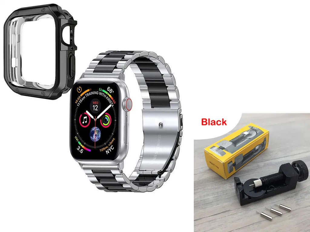 Stainless steel strap and TPU protective frame set for Apple Watch in silver, black, gold, rose gold colour options