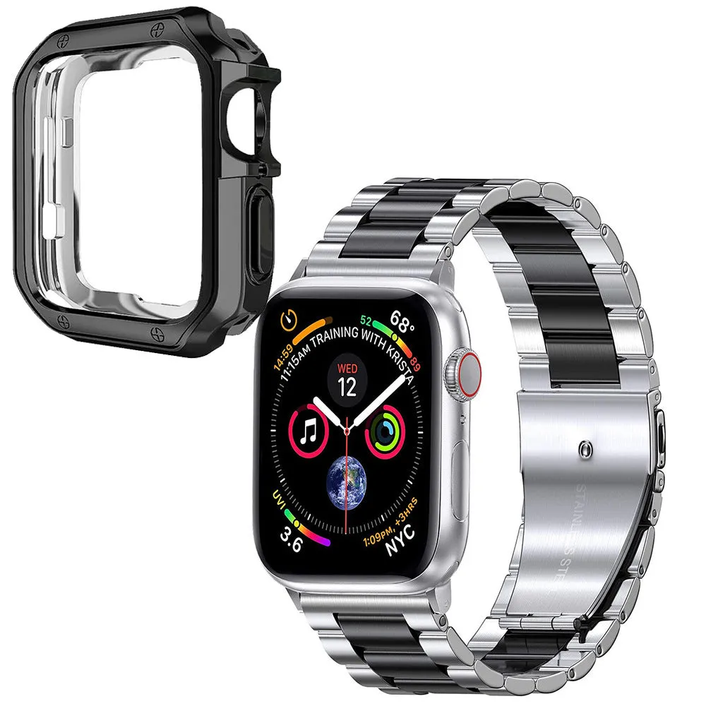Stainless steel strap and TPU protective frame set for Apple Watch in silver, black, gold, rose gold colour options