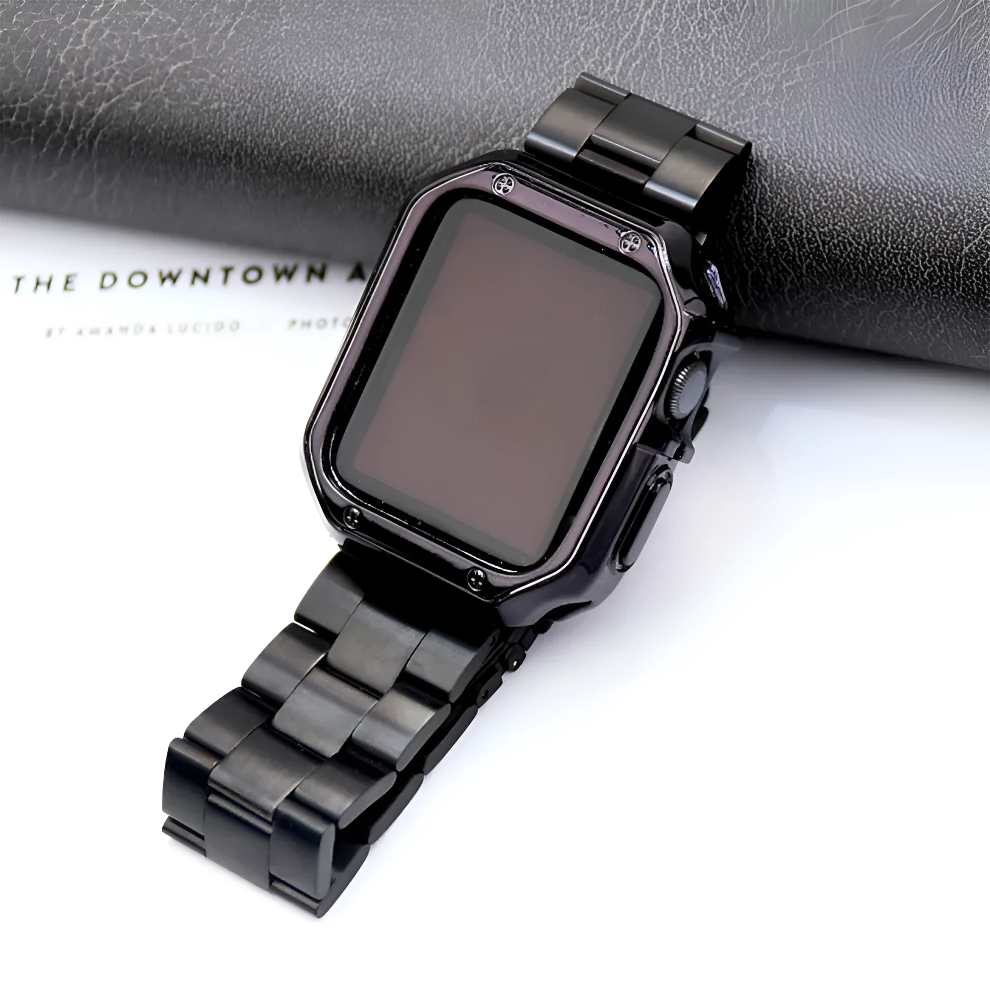 Stainless steel strap and TPU protective frame set for Apple Watch in silver, black, gold, rose gold colour options