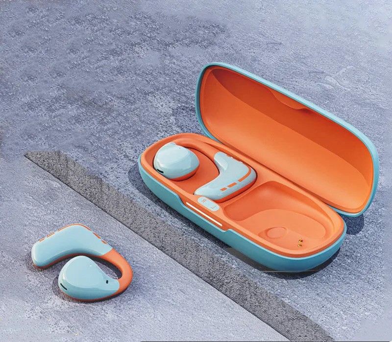 Blue orange mixed colour ear hook Bluetooth sports headset showing ear mounting design