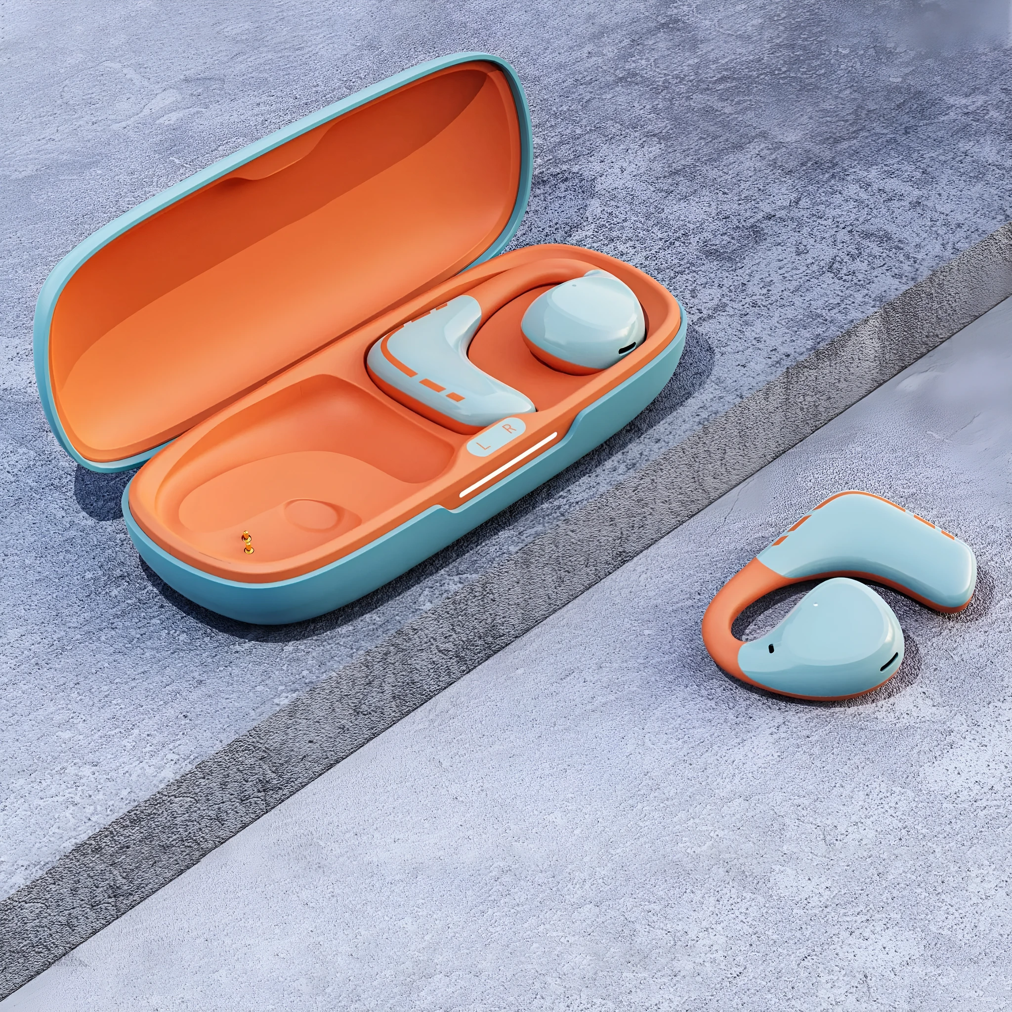 Blue orange mixed colour ear hook Bluetooth sports headset showing ear mounting design