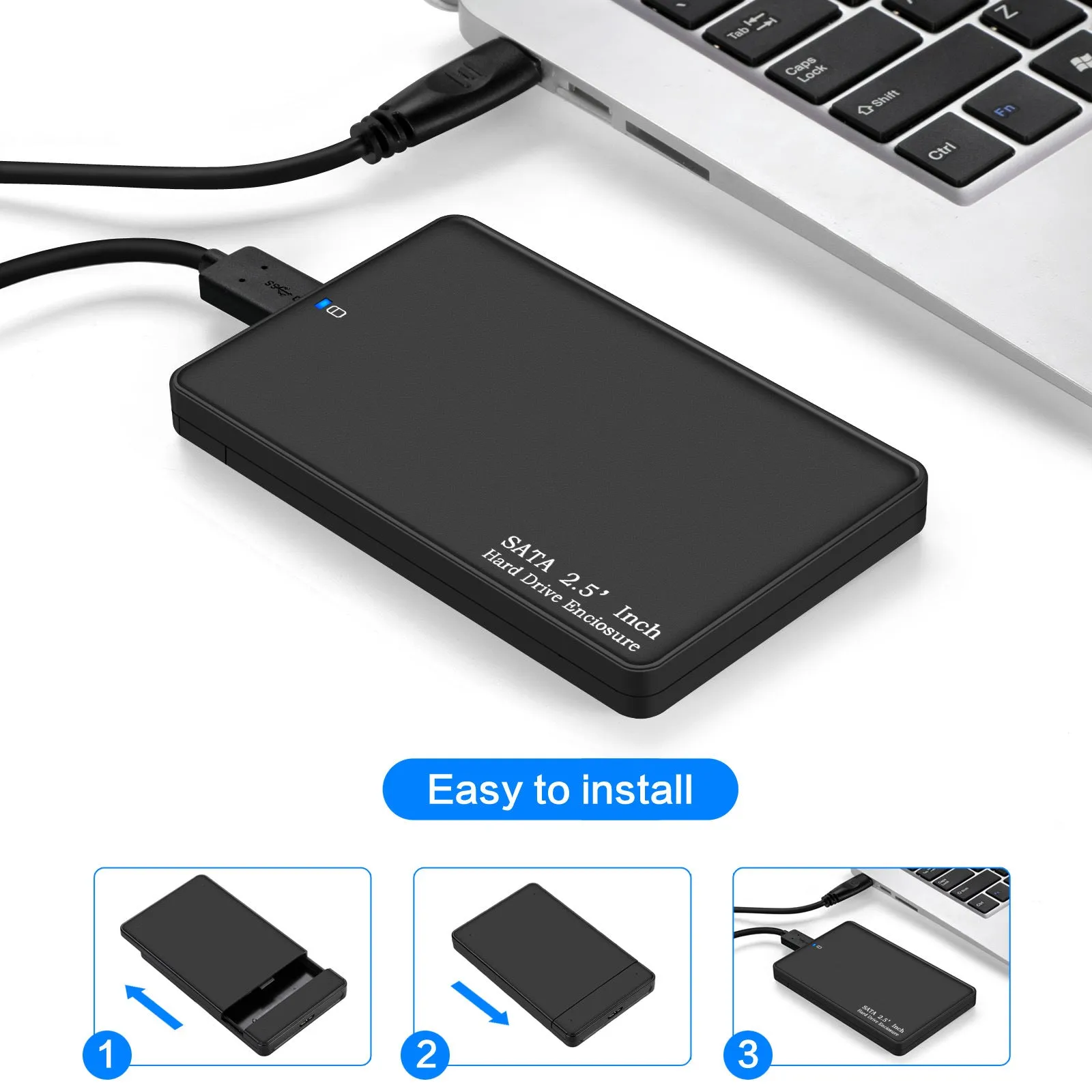 2.5 inch USB 3.0 SATA external hard drive enclosure, black ABS case, supporting 2TB HDD and SSD