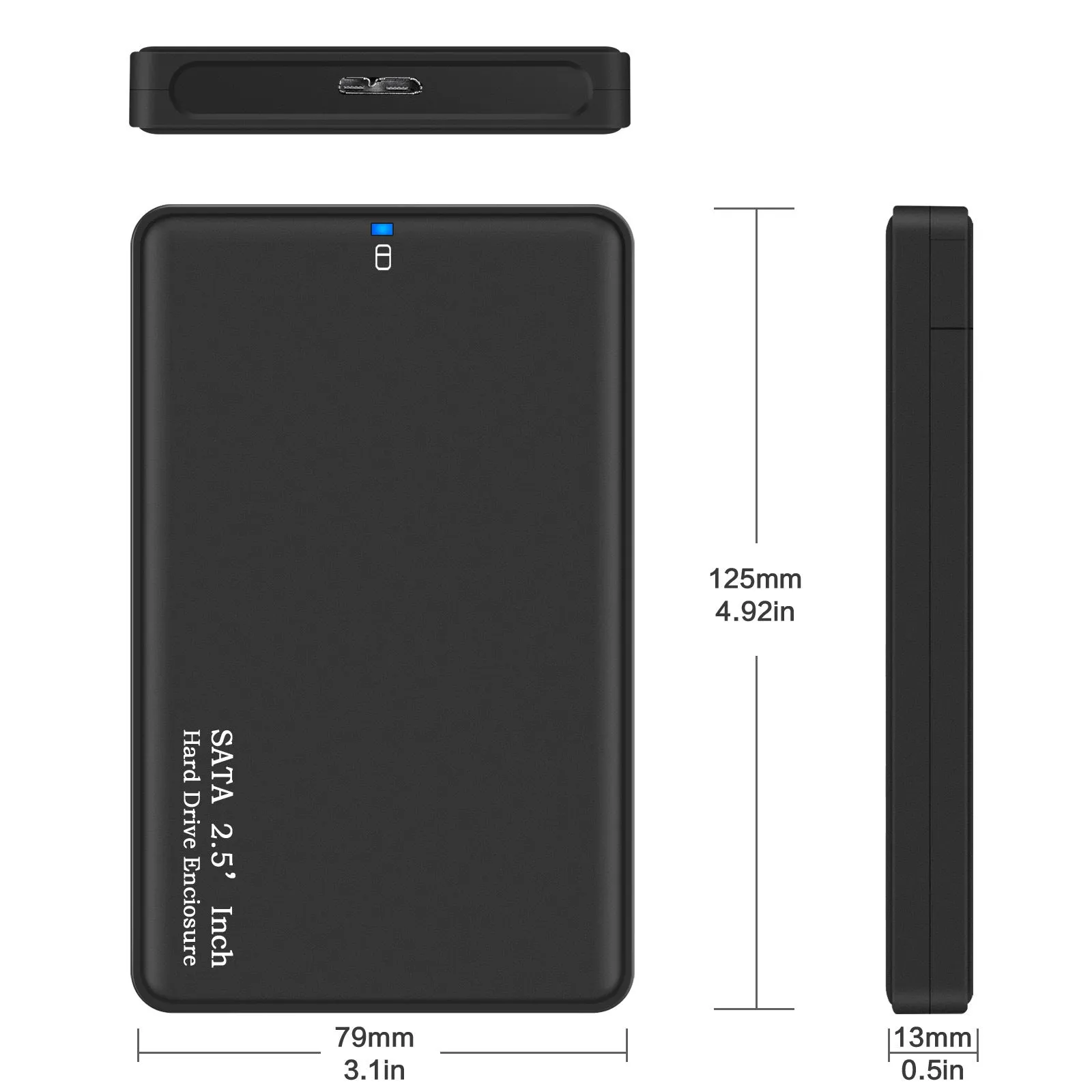 2.5 inch USB 3.0 SATA external hard drive enclosure, black ABS case, supporting 2TB HDD and SSD
