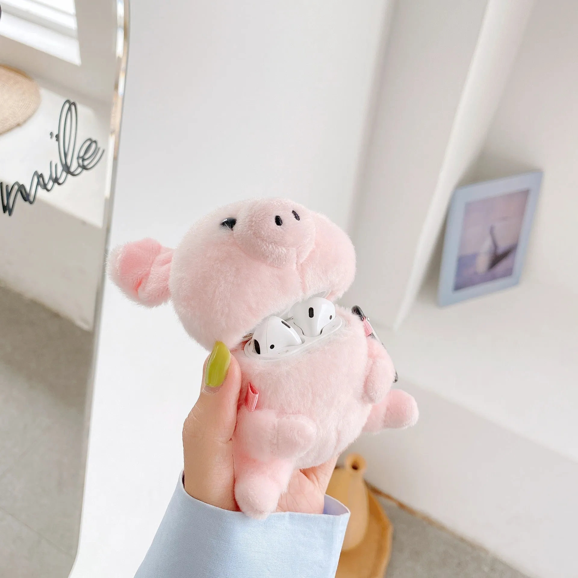 Pink pig cartoon plush PC back cover case for Apple AirPods 1 2 earphone charging case