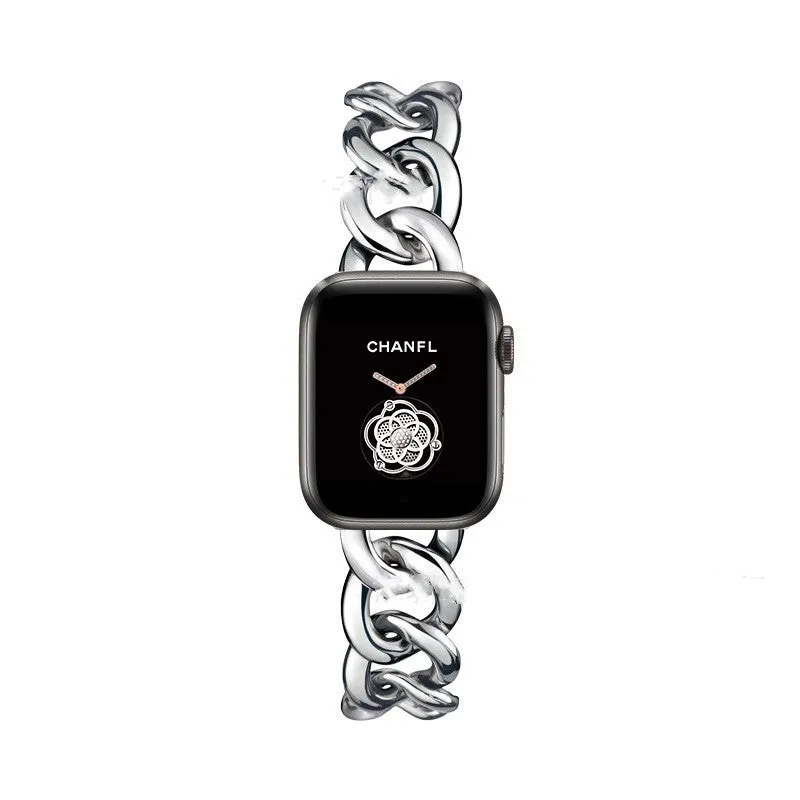 Metal single row denim chain watch strap for Apple Watch in silver finish with clasp closed