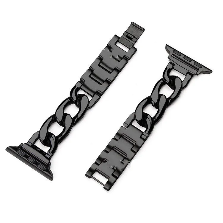 Metal single row denim chain watch strap for Apple Watch in silver finish with clasp closed