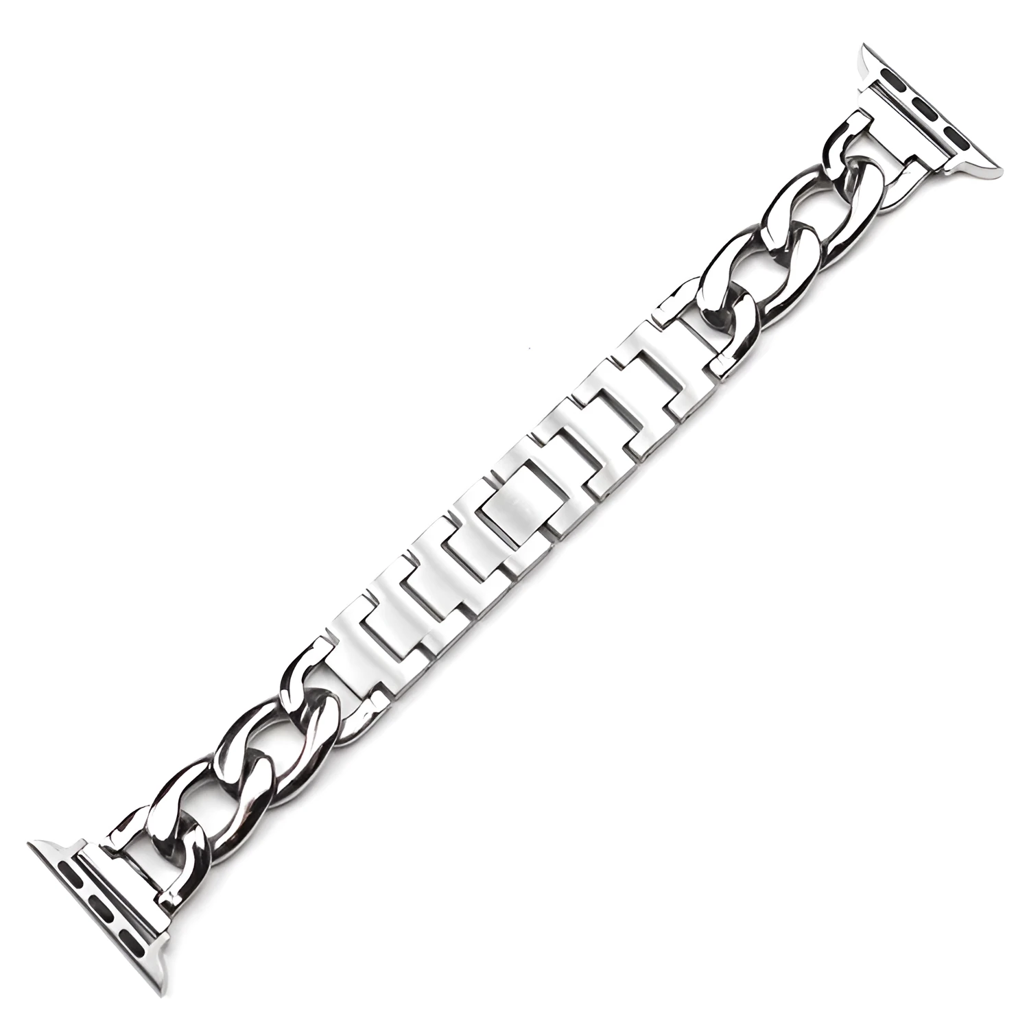 Metal single row denim chain watch strap for Apple Watch in silver finish with clasp closed