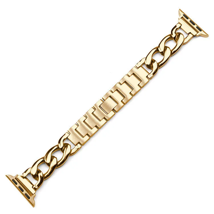 Metal single row denim chain watch strap for Apple Watch in silver finish with clasp closed
