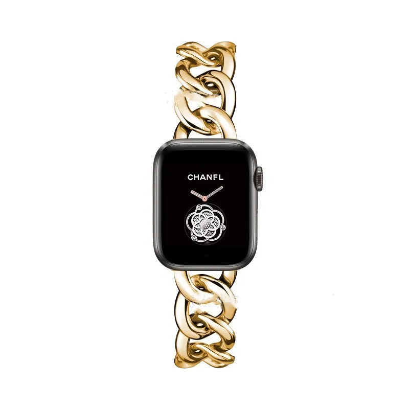 Metal single row denim chain watch strap for Apple Watch in silver finish with clasp closed
