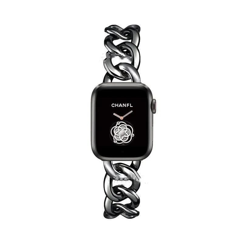 Metal single row denim chain watch strap for Apple Watch in silver finish with clasp closed
