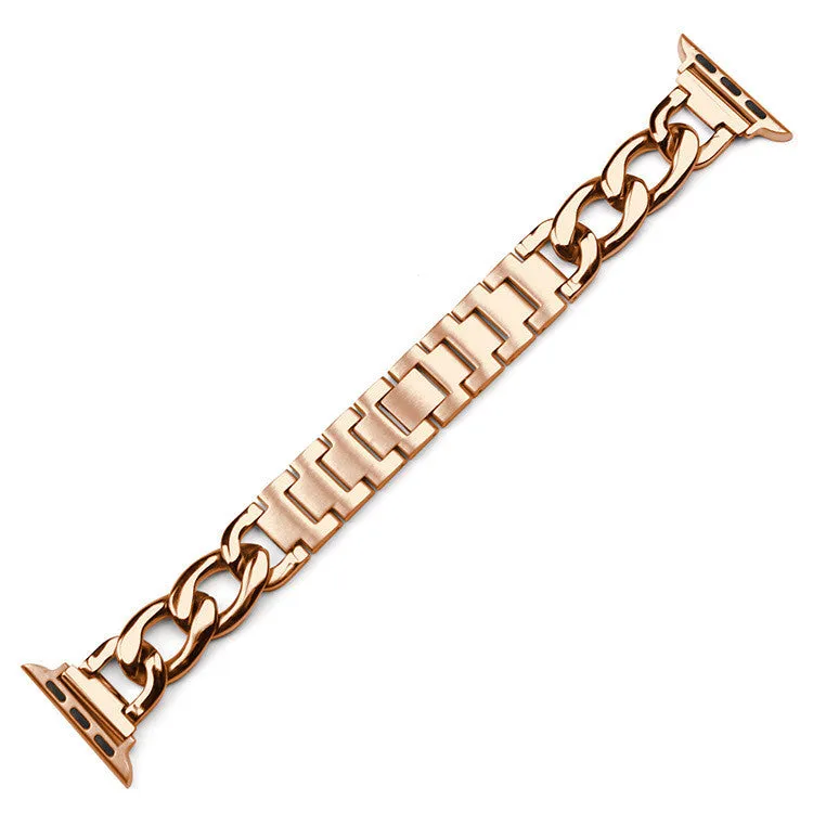 Metal single row denim chain watch strap for Apple Watch in silver finish with clasp closed