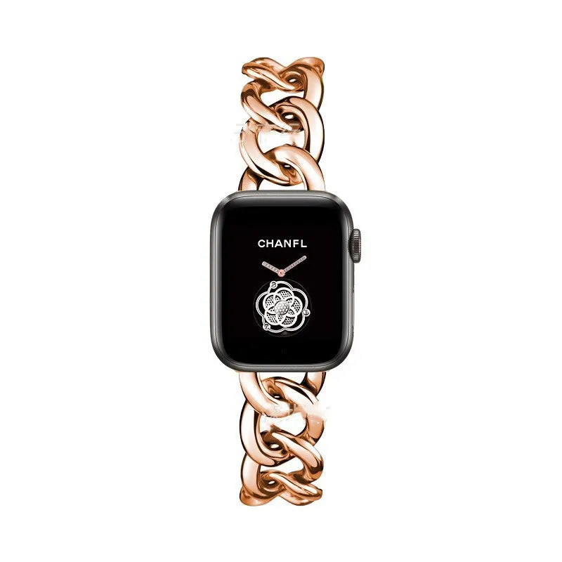 Metal single row denim chain watch strap for Apple Watch in silver finish with clasp closed