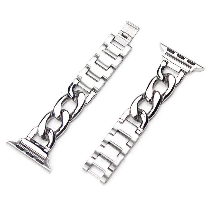 Metal single row denim chain watch strap for Apple Watch in silver finish with clasp closed