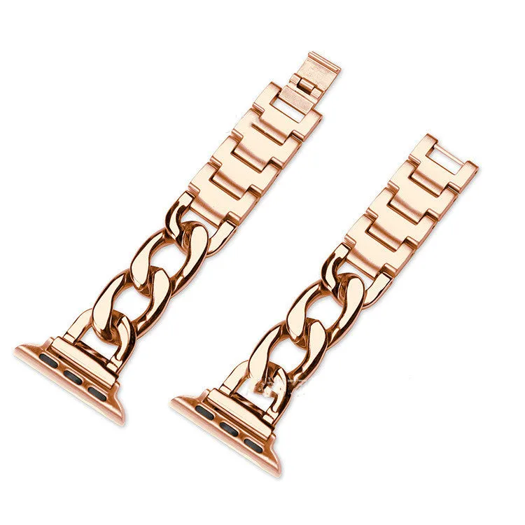 Metal single row denim chain watch strap for Apple Watch in silver finish with clasp closed