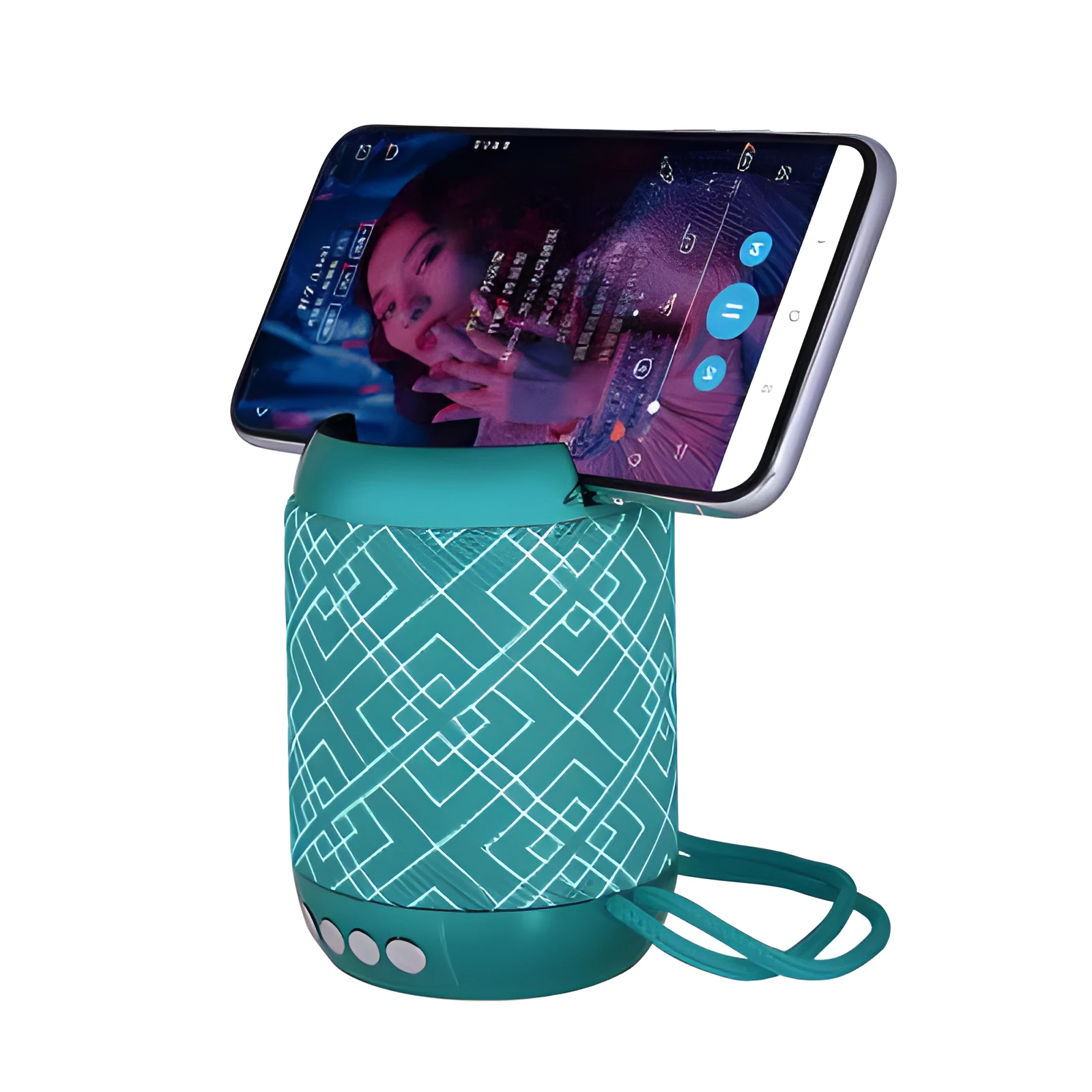 Mini wireless Bluetooth speaker with fabric covering in blue, showing button controls and compact size