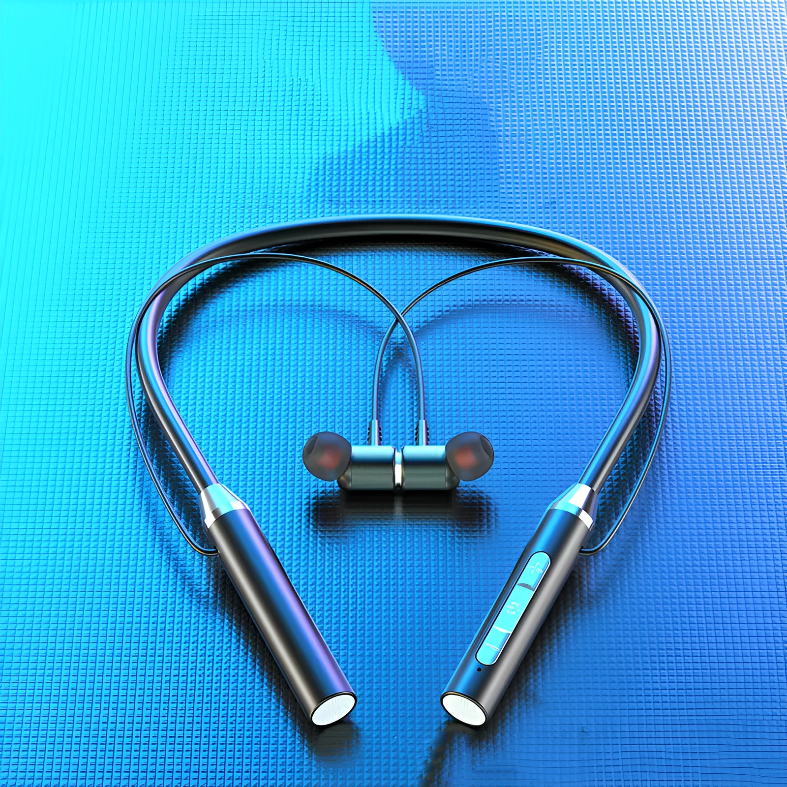 Wireless Bluetooth headset in black with neck-hanging design and bilateral stereo ear cups