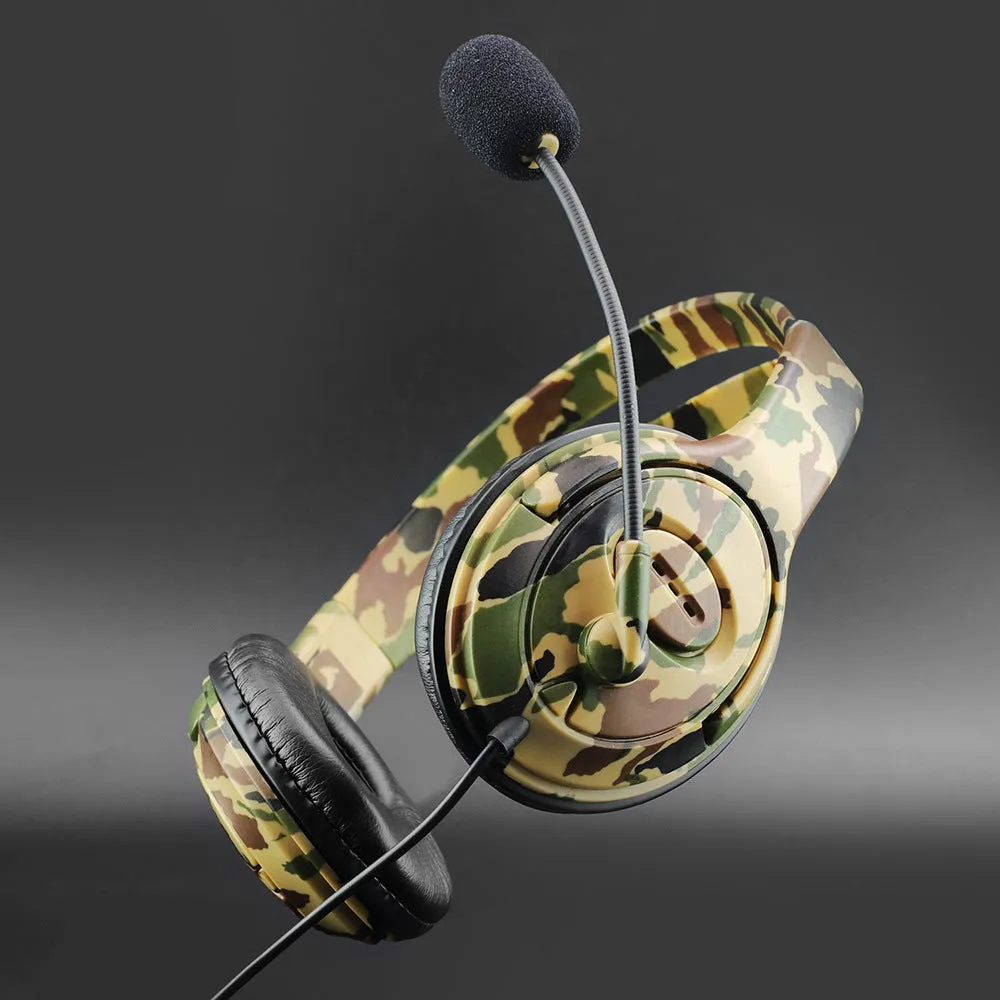 Camouflage wired over-ear headphones with 3.5mm straight plug on a plain background