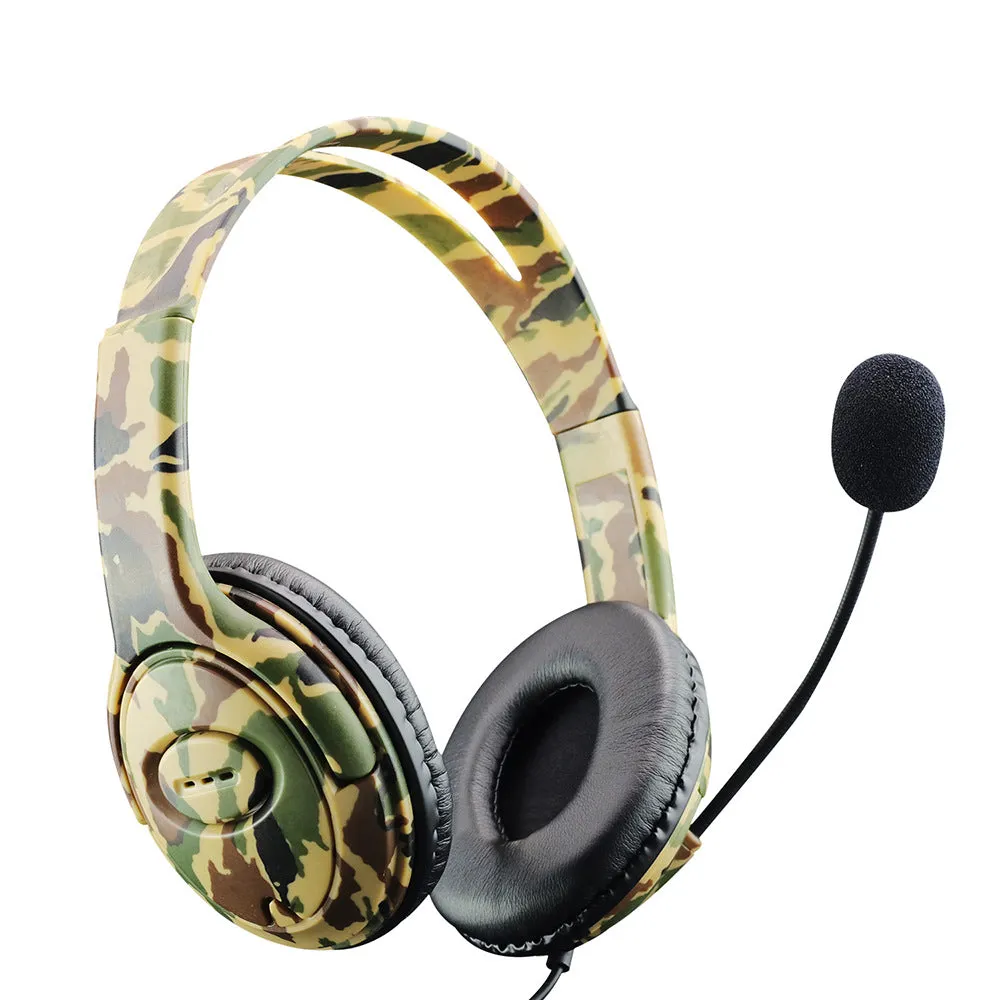 Camouflage wired over-ear headphones with 3.5mm straight plug on a plain background