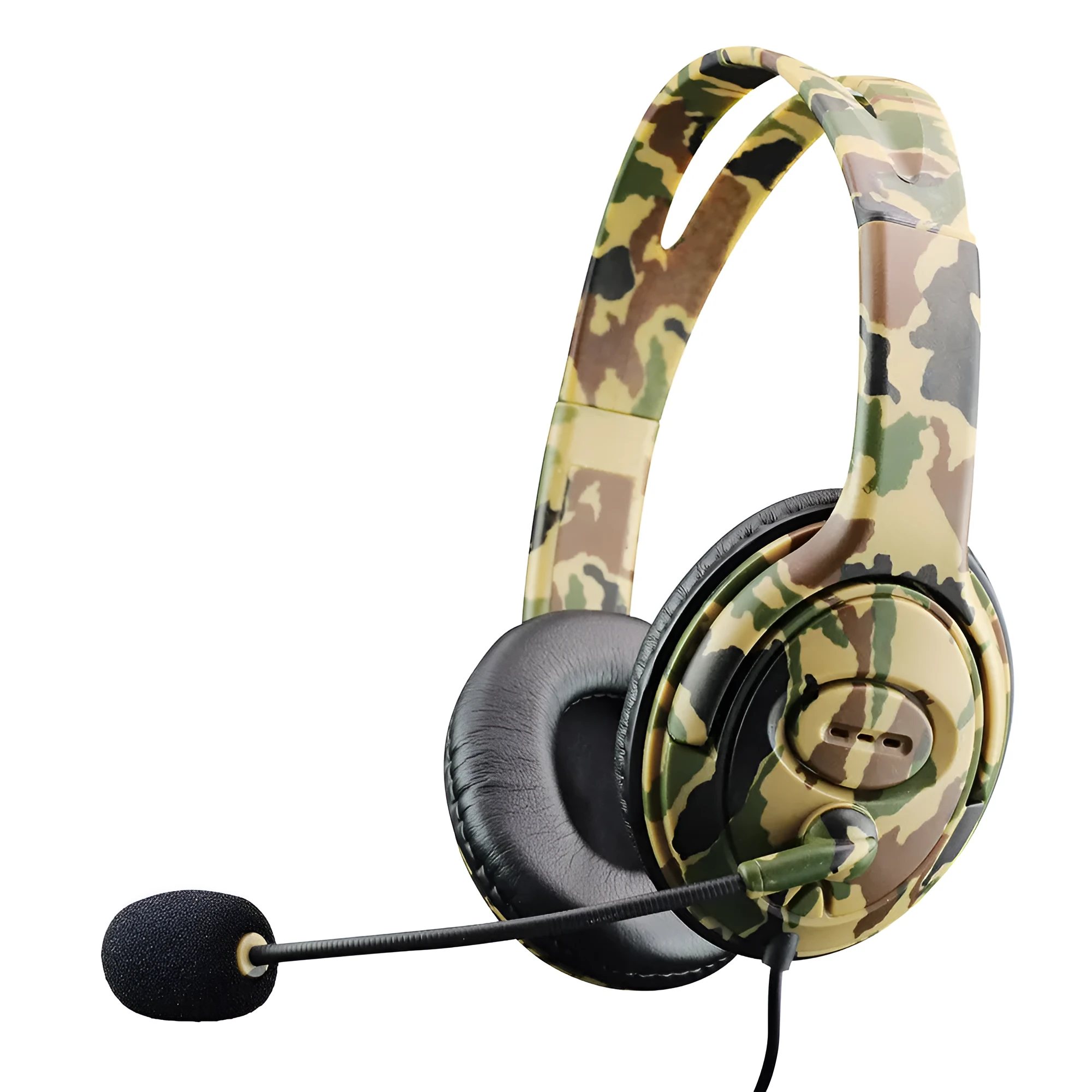 Camouflage wired over-ear headphones with 3.5mm straight plug on a plain background