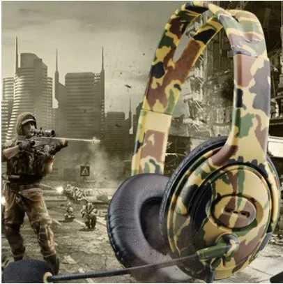 Camouflage wired over-ear headphones with 3.5mm straight plug on a plain background