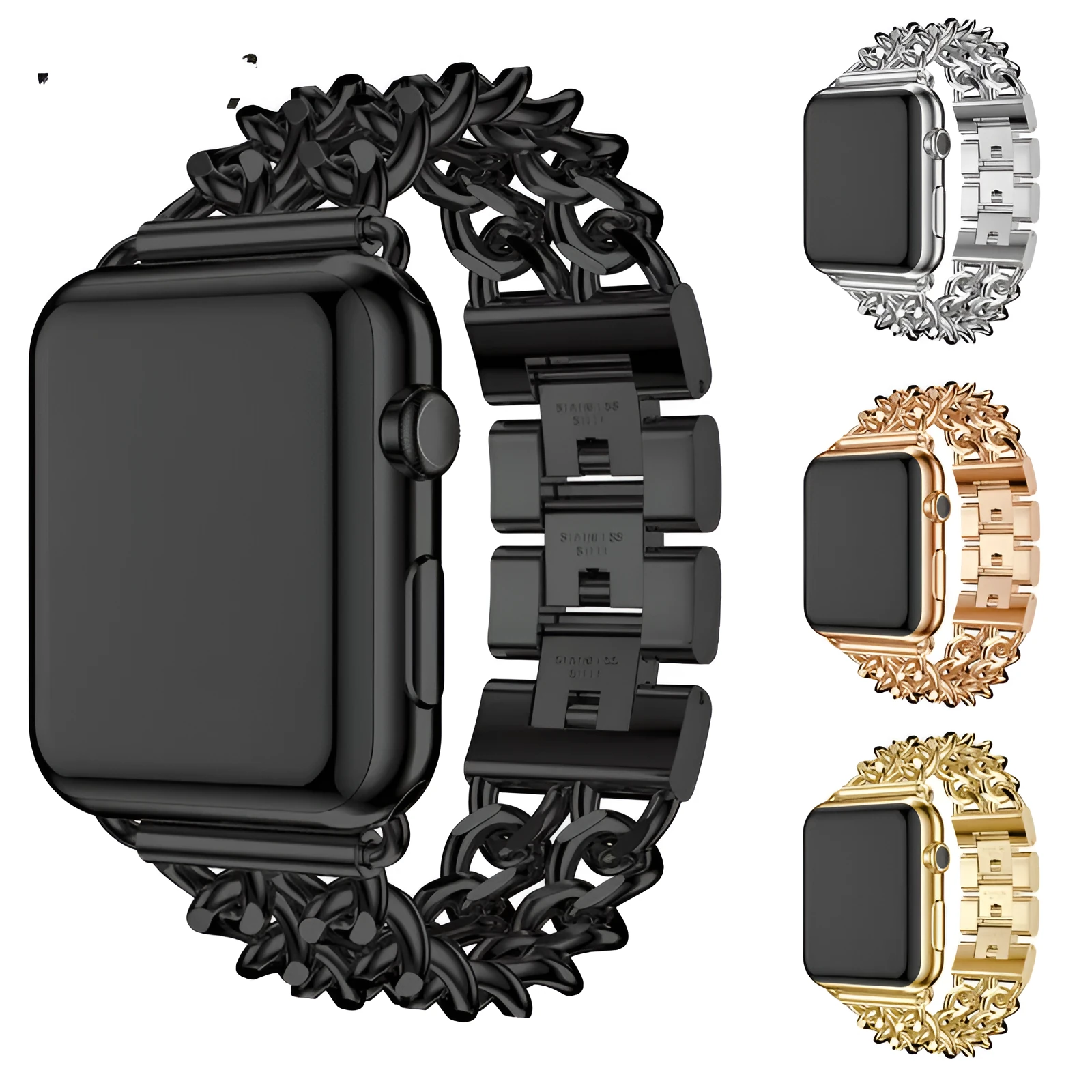 22mm stainless steel denim chain watch strap in silver colour, adjustable metal band for 38-45mm watches