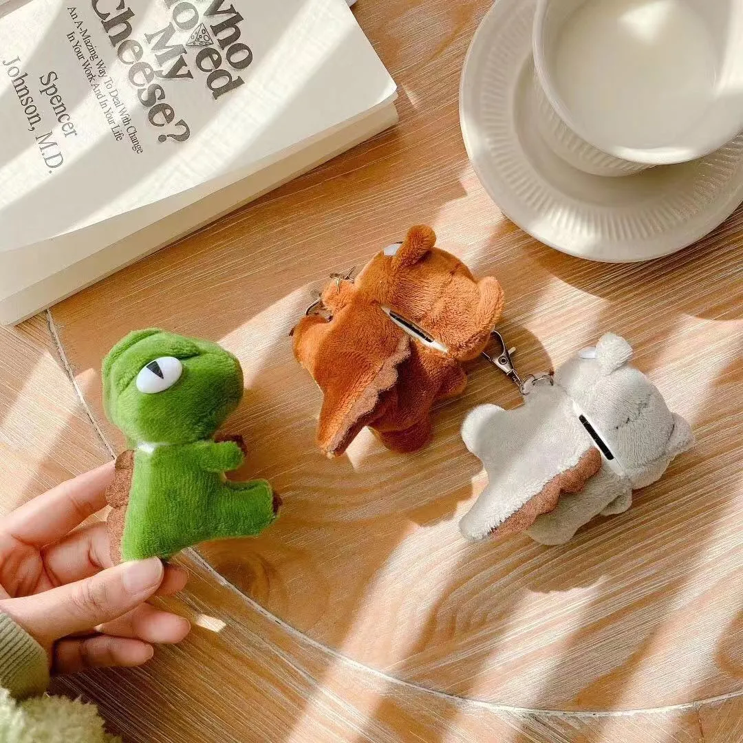Plush dinosaur doll earphone protective cover for AirPods case in brown colour, soft shockproof storage